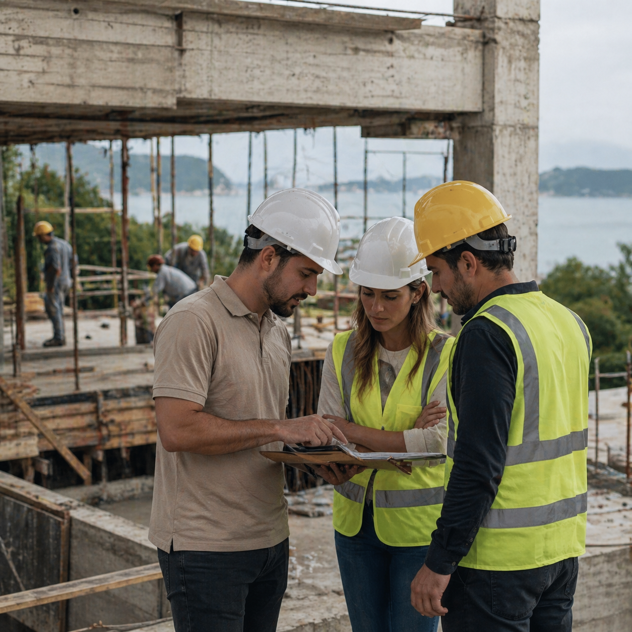 Profissionais reais em reunião de obra no canteiro