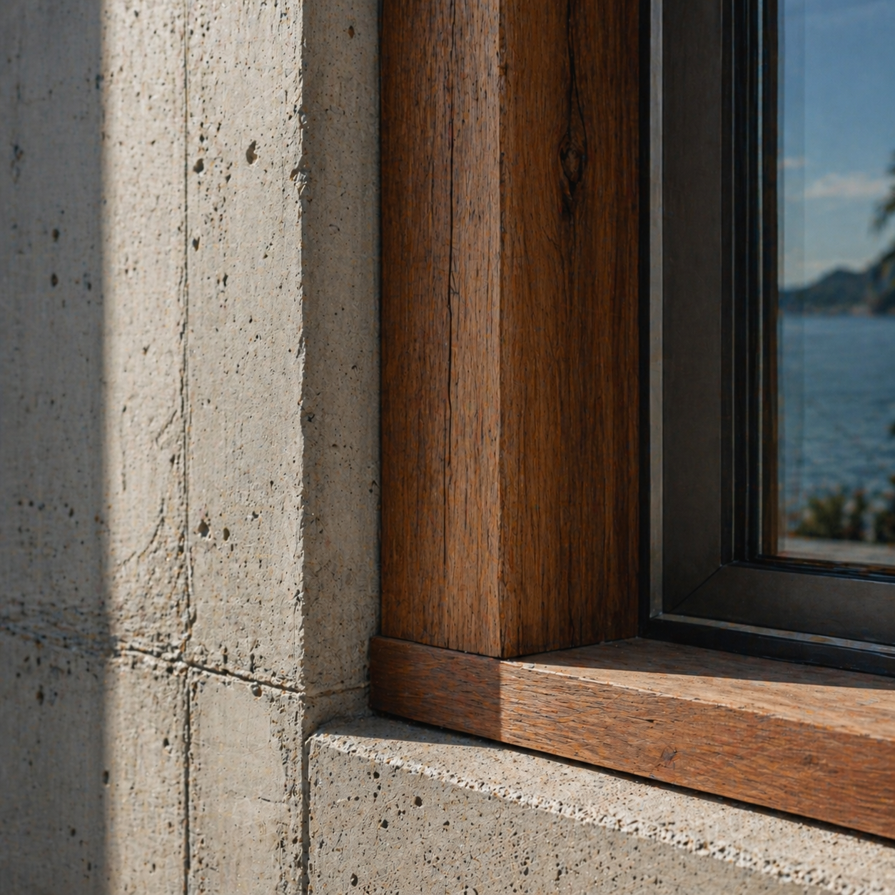 Detalhe arquitetônico — junção de concreto com madeira